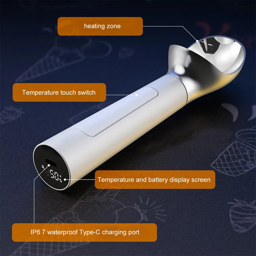 Electric Heated Ice Cream Scoop Rechargeable Self Heated Ice Cream Spoon with LED Display Softening Hard Ice Cream Easy to Clean