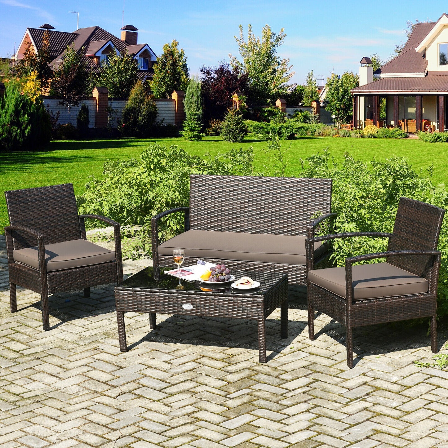 4PCS Outdoor Patio Rattan Furniture Set |Cushioned Sofa Coffee Table Deck