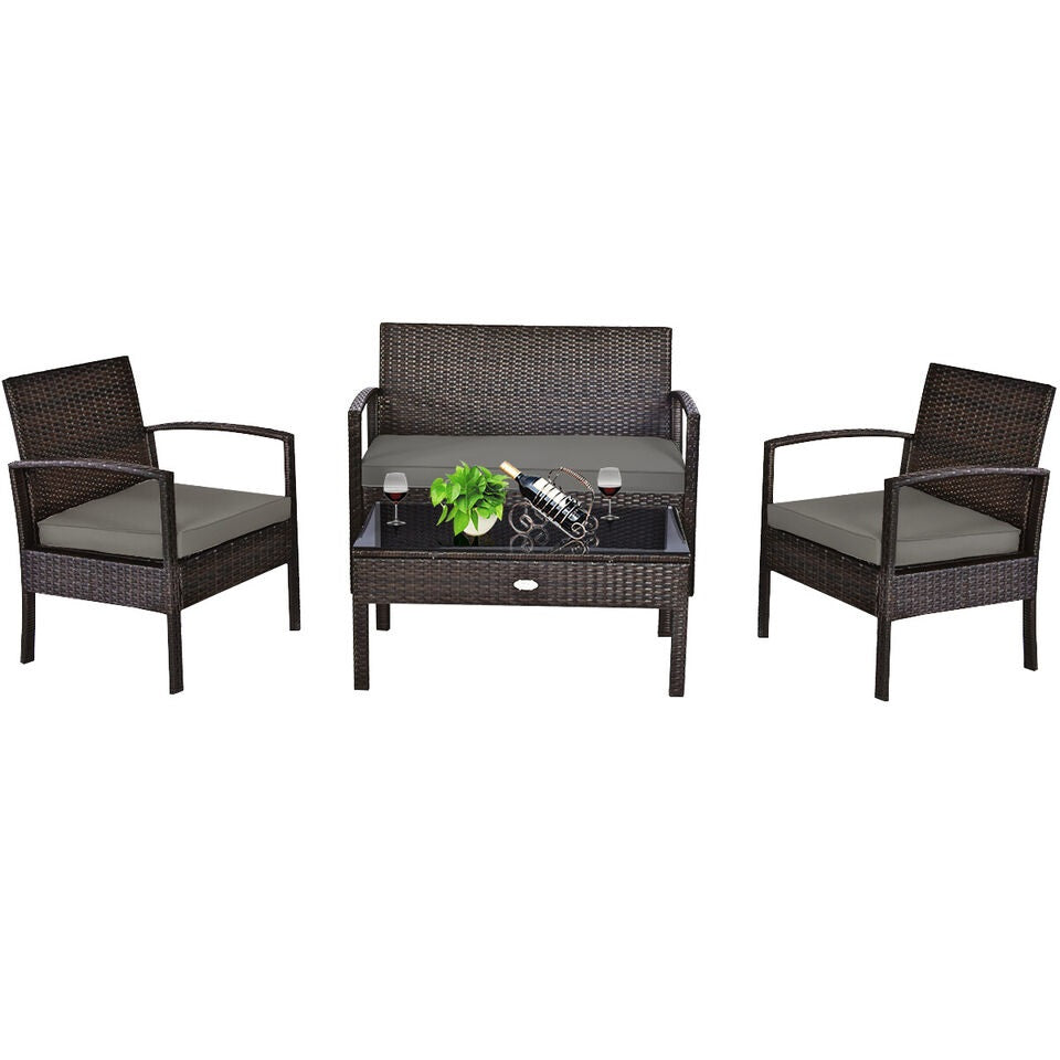 4PCS Outdoor Patio Rattan Furniture Set |Cushioned Sofa Coffee Table Deck