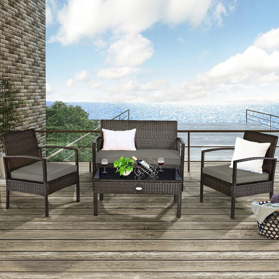 4PCS Outdoor Patio Rattan Furniture Set |Cushioned Sofa Coffee Table Deck