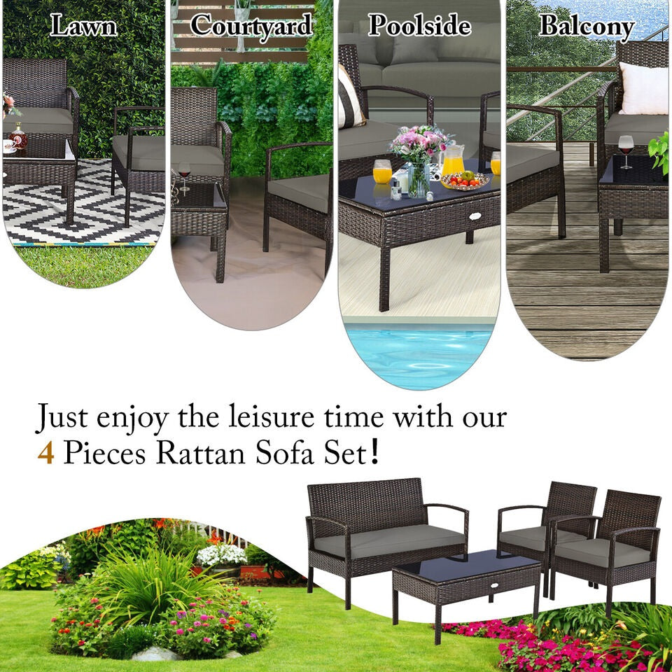 4PCS Outdoor Patio Rattan Furniture Set |Cushioned Sofa Coffee Table Deck