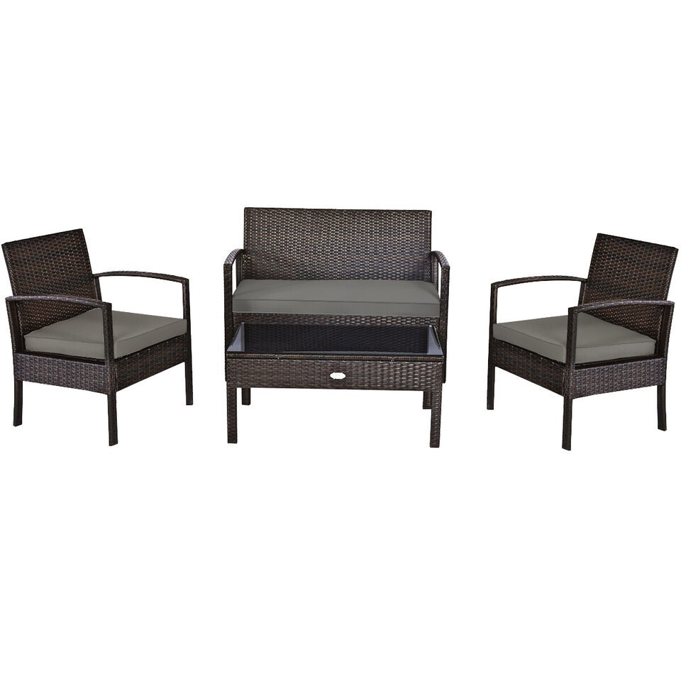 4PCS Outdoor Patio Rattan Furniture Set |Cushioned Sofa Coffee Table Deck