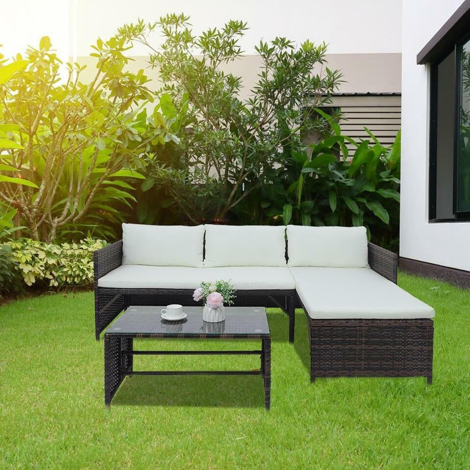 Patio Wicker Furniture Outdoor | 3Pcs Rattan Sofa Garden Conversation Table Set