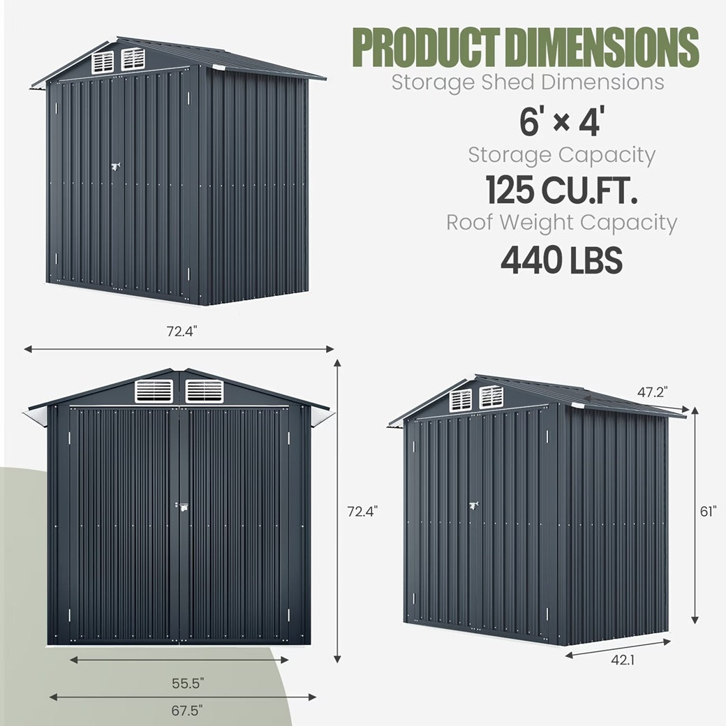 6x4 FT Metal Garden Shed