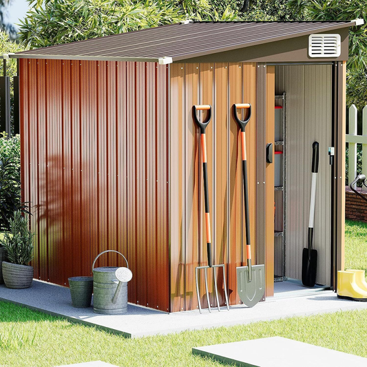 7x5 Brown Outdoor Storage Shed | Metal Sheds| Garden Shed Tool w/ Lockable Door for Backyard