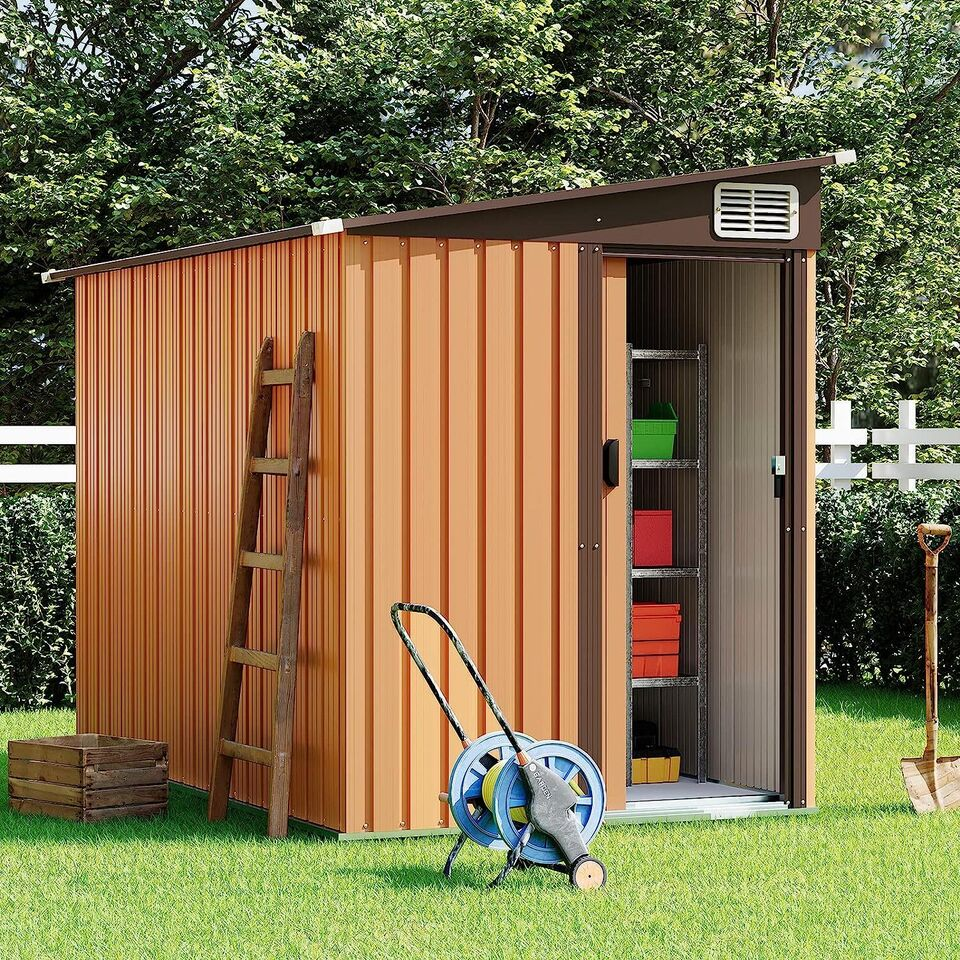 7x5 Brown Outdoor Storage Shed | Metal Sheds| Garden Shed Tool w/ Lockable Door for Backyard