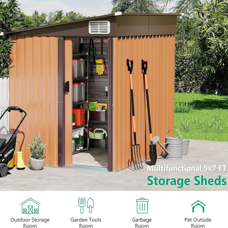 7x5 Brown Outdoor Storage Shed | Metal Sheds| Garden Shed Tool w/ Lockable Door for Backyard