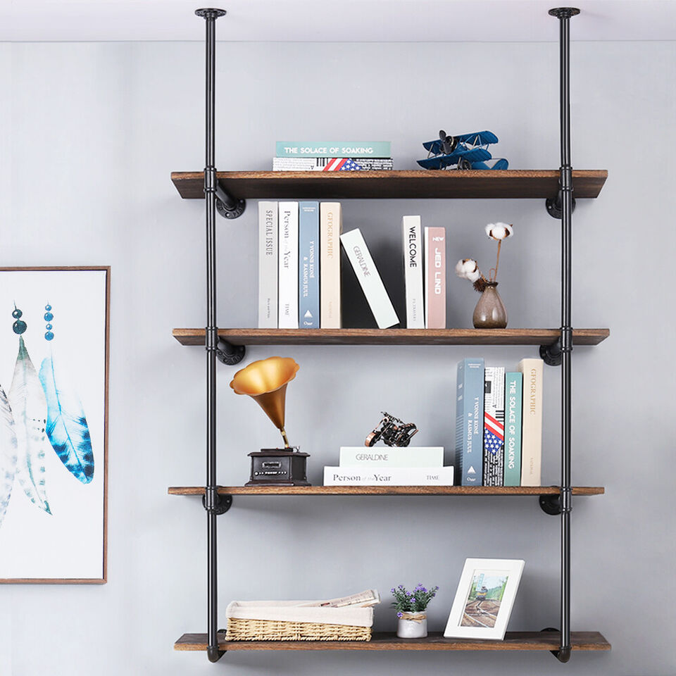 Industrial Iron Pipe Shelf Wall Mount DIY | Open Bookshelf | Hung Bracket Rack