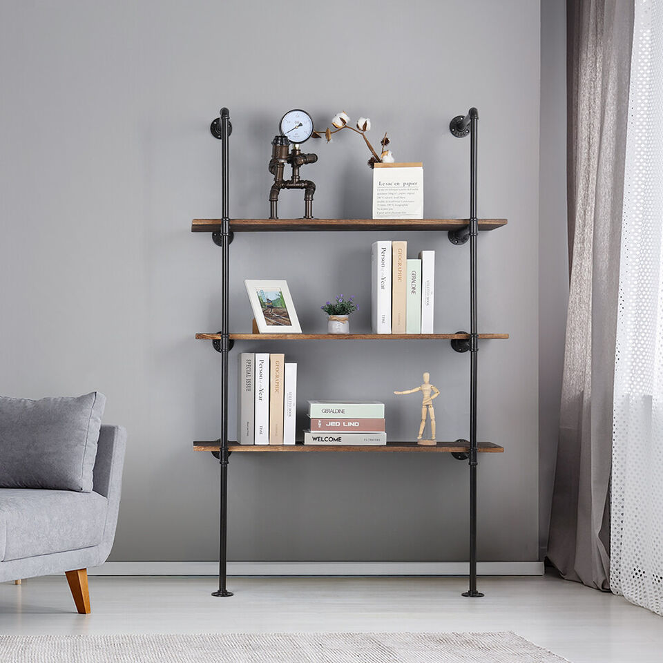 Industrial Iron Pipe Shelf Wall Mount DIY | Open Bookshelf | Hung Bracket Rack